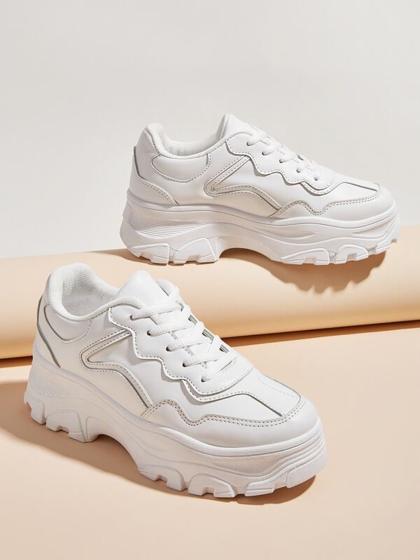 Minimalist Laceup Front Chunky Sneakers, Pair Of White Sports Solid