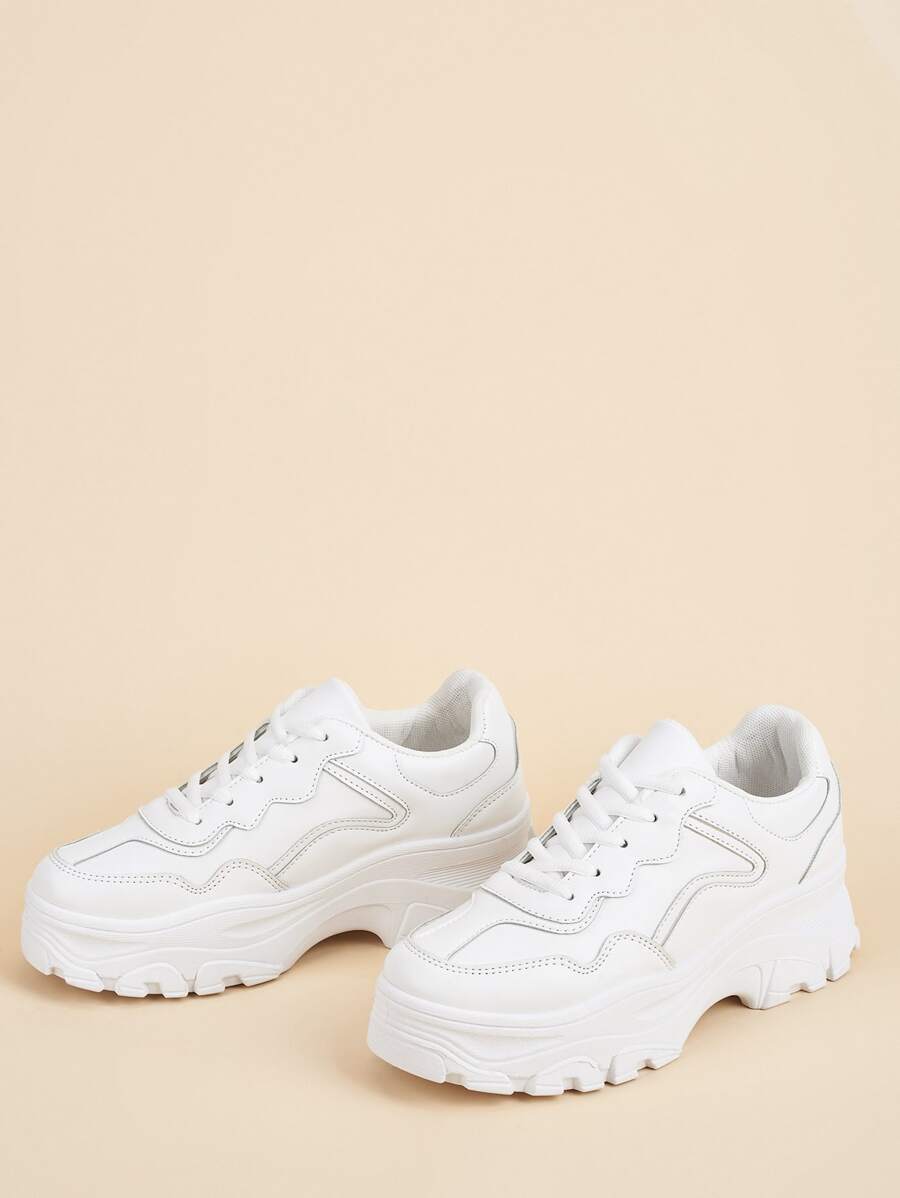 Minimalist Laceup Front Chunky Sneakers, Pair Of White Sports Solid