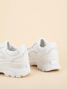 厚底透气白色女士休闲运动鞋，时尚百搭厚底运动鞋，黑色系带皮革防水加大码女鞋 - 白色 - 查看 4