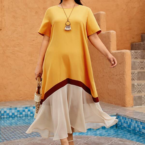 

Plus Color Block Smock Dress, Yellow