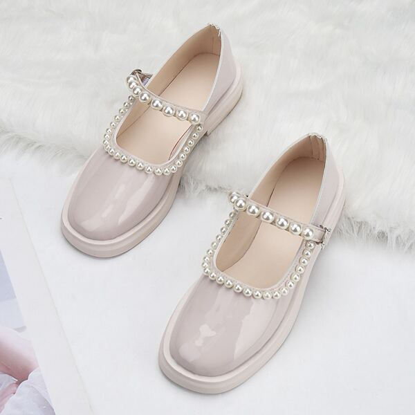 

Faux Pearl Decor Mary Jane Flats, Apricot