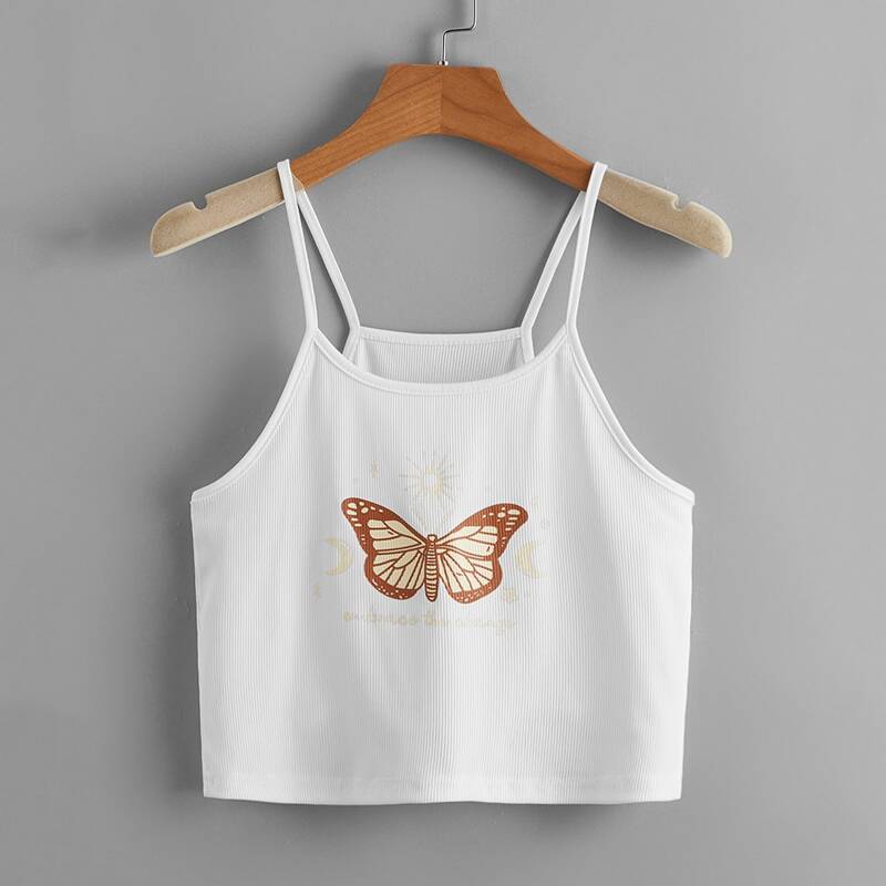 

Letter Butterfly Graphic Ribbed Cami, White