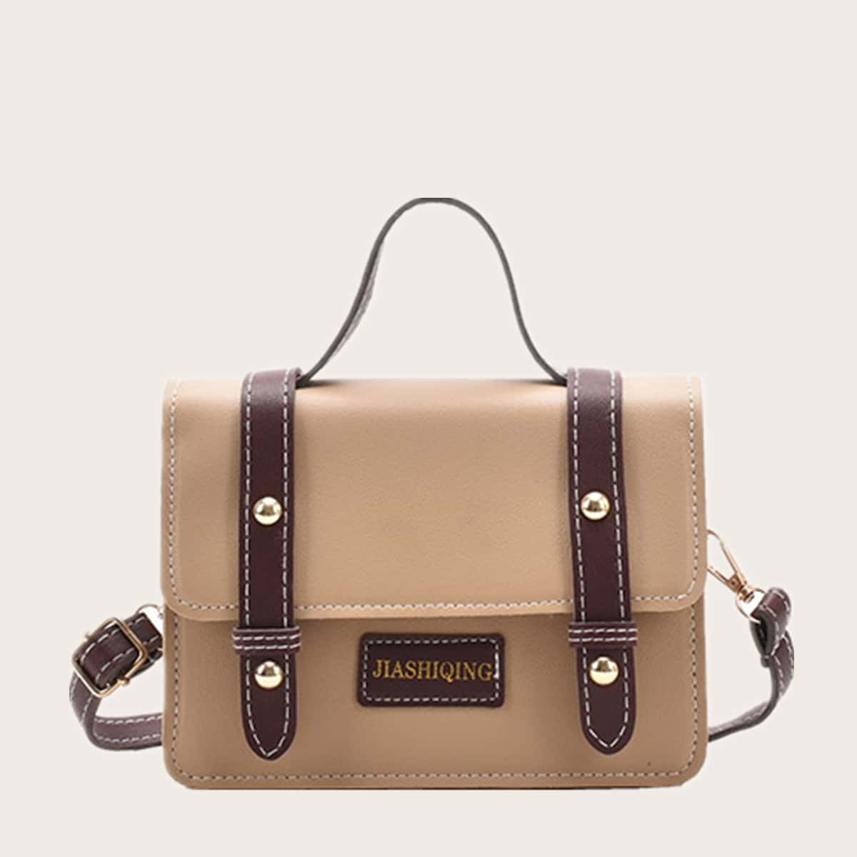 

Colorblock Buckle Satchel Bag, Khaki