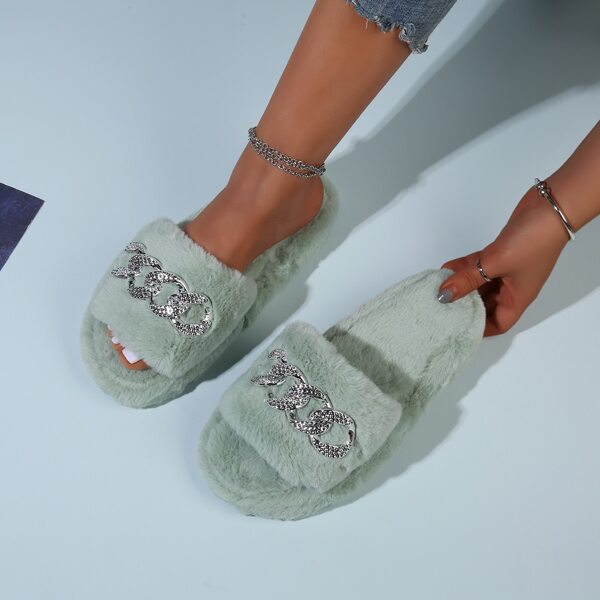 

Chain Decor Fluffy Slippers, Mint green