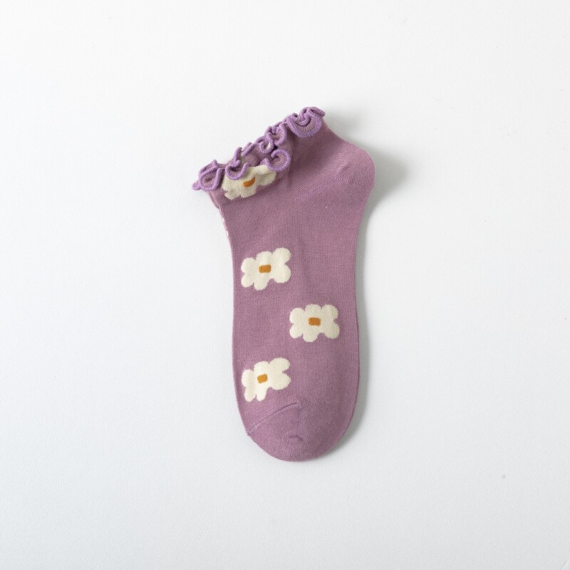 

Flower Frill Ankle Socks, Mauve purple
