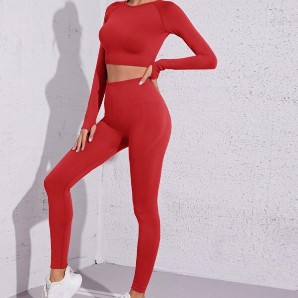 

Seamless Raglan Sleeve Crop Sports Tee With Leggings, Red