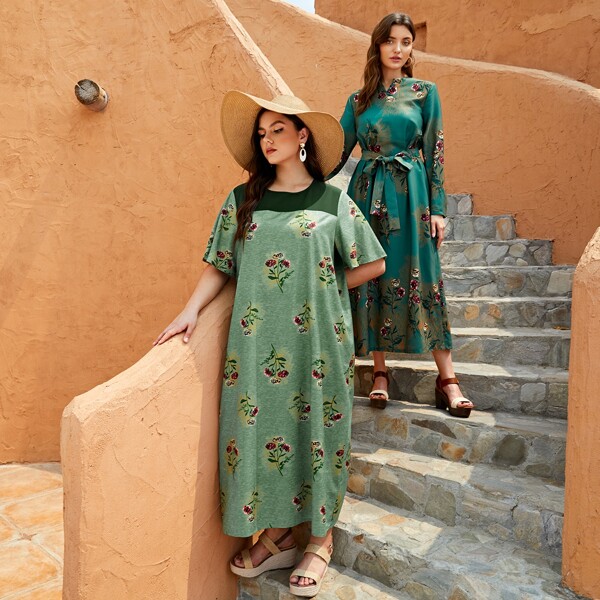

Plus 1pc Floral Print Tunic Dress, Green