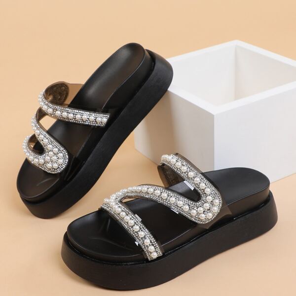 

Faux Pearl & Rhinestone Decor Flatform Mules, Black
