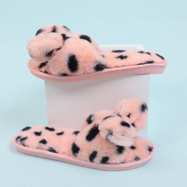 

Allover Graphic Bow Decor Fluffy Slippers, Coral pink
