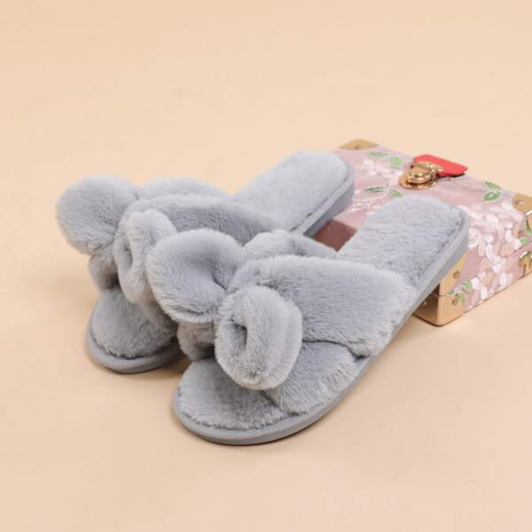 

Bow Decor Minimalist Fluffy Slippers, Grey