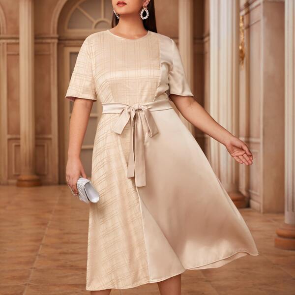 

Plus Satin Contrast Sequin Belted A-line Dress, Apricot