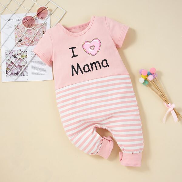 

Baby Girl Slogan And Striped Print Tee Jumpsuit, Coral pink