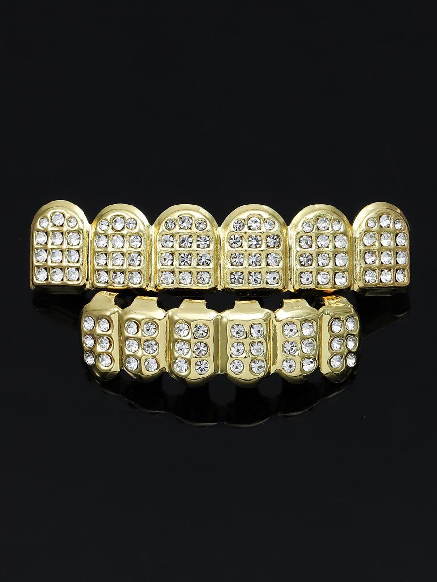 Men Rhinestone Teeth Braces - Yellow Gold - View 1