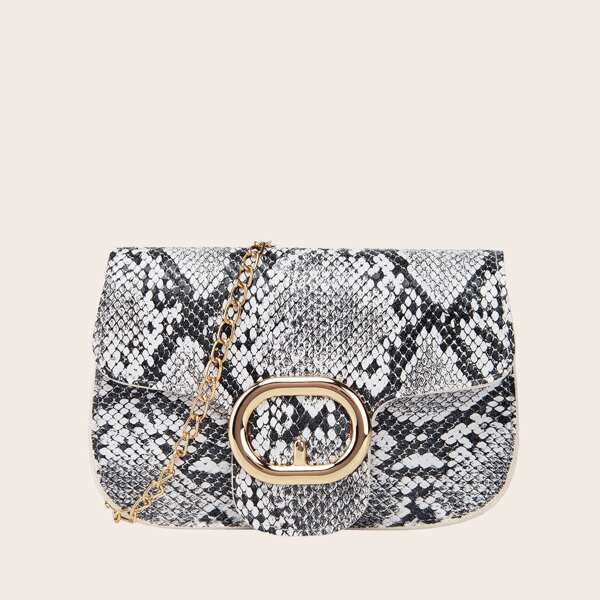 

Snakeskin Print Metal Decor Chain Crossbody Bag, Multicolor