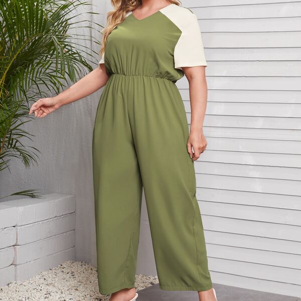 

Plus Contrast Sleeve Wide Leg Jumpsuit, Army green