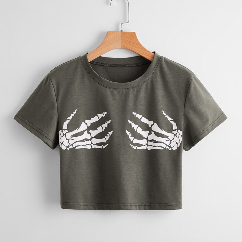 

Skeleton Graphic Crop Tee, Dark grey