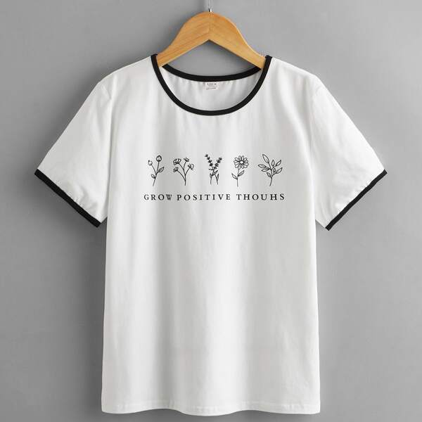 

Teen Girls Letter and Floral Print Ringer Tee, White
