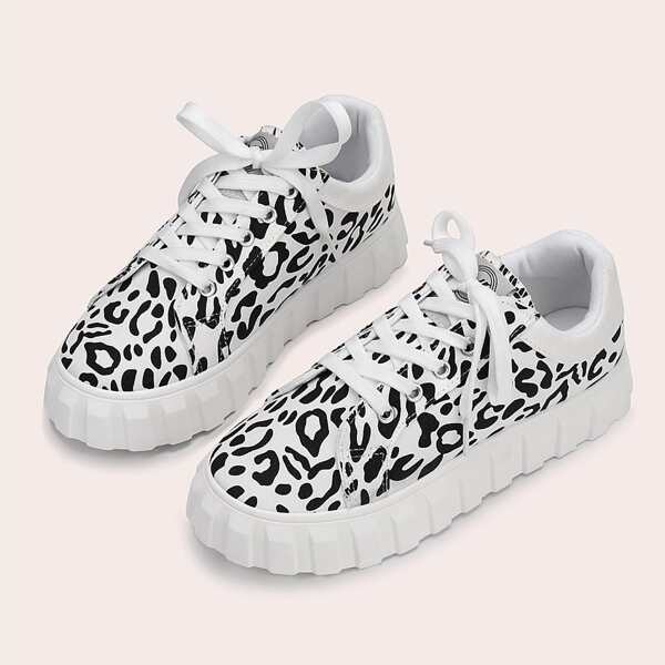 

Allover Graphic Lace-up Front Sneakers, Black and white