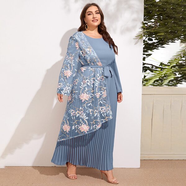 

Plus Contrast Floral Embroidered Mesh Belted Pleated Dress, Blue