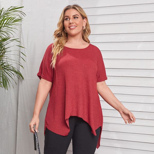 

Plus Asymmetrical Hem Rib-Knit Tee, Red