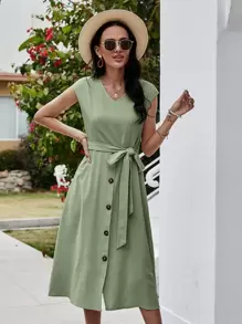 Đầm Thắt lưng màu trơn Giải trí - Màu xanh Bạc hà - Xem 1