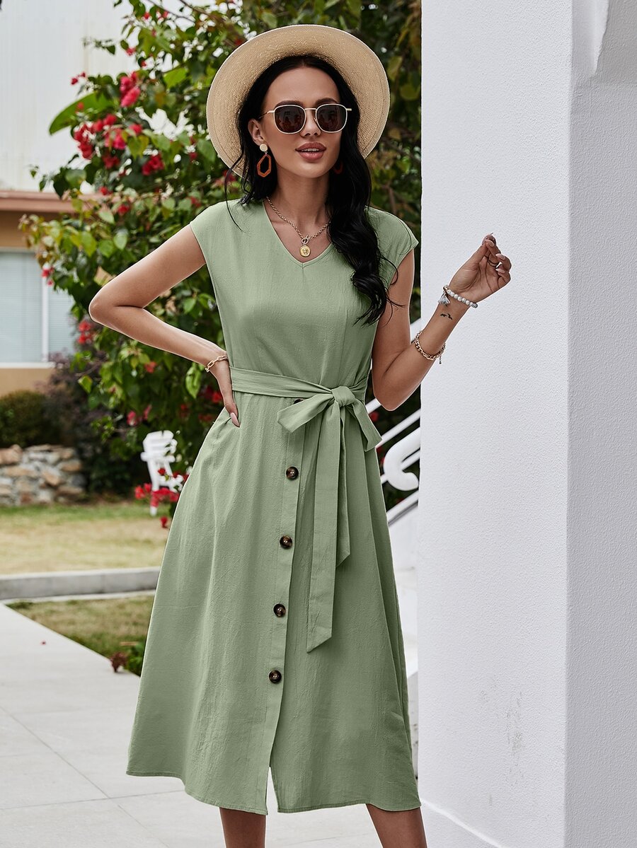 Đầm Thắt lưng màu trơn Giải trí - Màu xanh Bạc hà - Xem 1