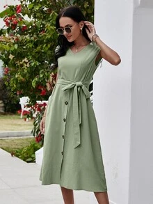 Đầm Thắt lưng màu trơn Giải trí - Màu xanh Bạc hà - Xem 3