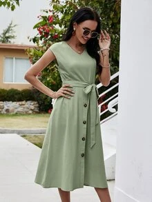 Đầm Thắt lưng màu trơn Giải trí - Màu xanh Bạc hà - Xem 4