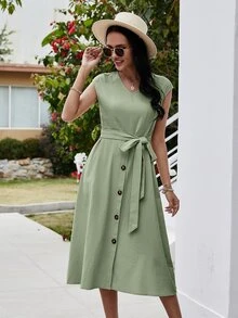 Đầm Thắt lưng màu trơn Giải trí - Màu xanh Bạc hà - Xem 5