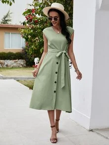 Đầm Thắt lưng màu trơn Giải trí - Màu xanh Bạc hà - Xem 6