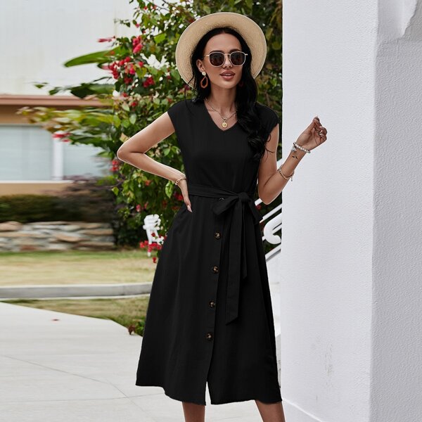 

Button Front Sleeveless Belted A-line Dress, Black