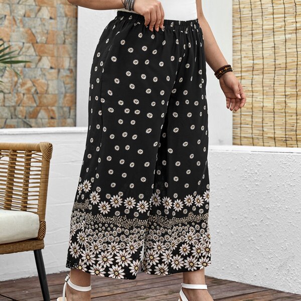 

Plus Floral Print Wide Leg Pants, Black