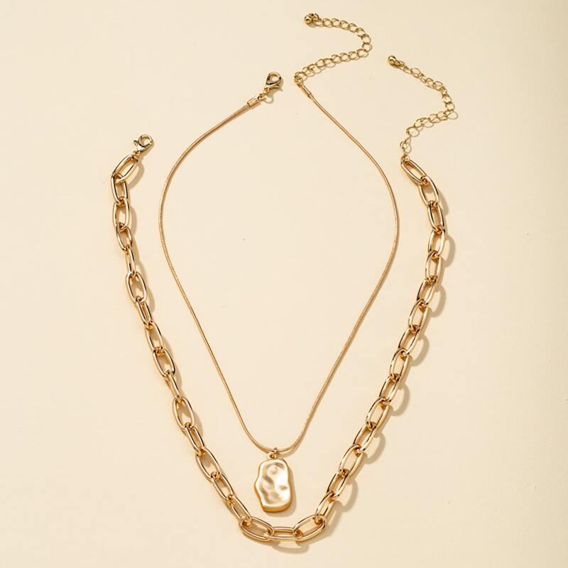

2pcs Faux Pearl & Chain Necklace, Gold
