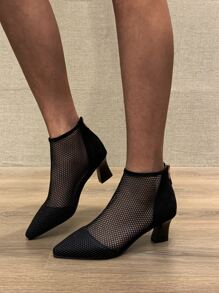Minimalist Chunky Heeled Mesh Boots - Black - View 1