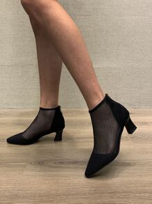 Minimalist Chunky Heeled Mesh Boots - Black - View 3