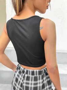 Top corto tank de busto con fruncido de cuello redondo - Negro - Ver 3