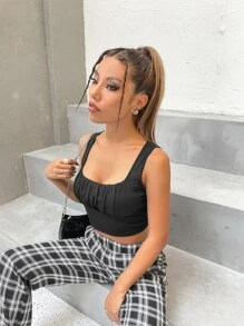 Top corto tank de busto con fruncido de cuello redondo - Negro - Ver 6