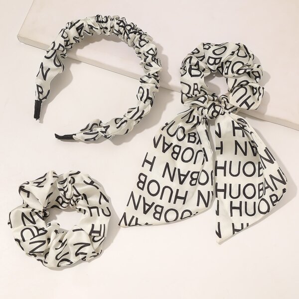 

3pcs Letter Graphic Hair Accessory, Black and white
