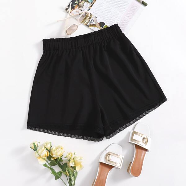 

Plus Solid Contrast Lace Shorts, Black