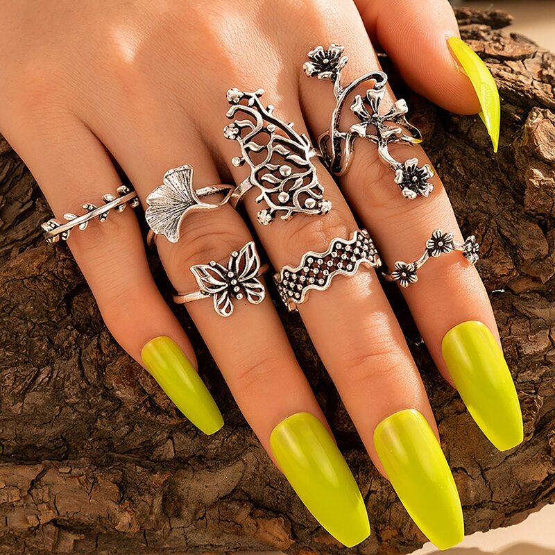 

7pcs Flower & Butterfly Ring, Silver