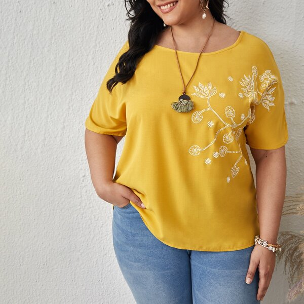 

Plus Floral Batwing Sleeve Blouse, Yellow
