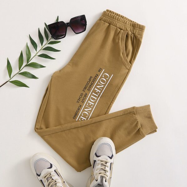 

Elastic Waist Slogan Graphic Joggers, Camel