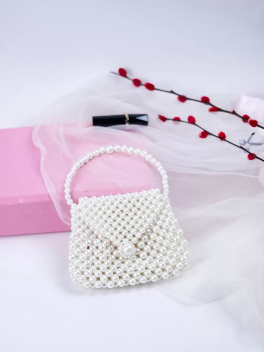 Faux Pearl Beaded Satchel Bag - Beige - View 1