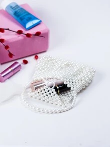 Faux Pearl Beaded Satchel Bag - Beige - View 2