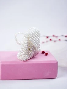 Faux Pearl Beaded Satchel Bag - Beige - View 3