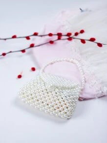 Faux Pearl Beaded Satchel Bag - Beige - View 4