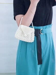 Faux Pearl Beaded Satchel Bag - Beige - View 5