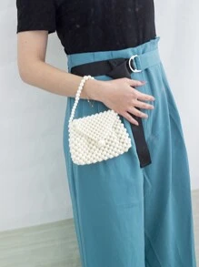 Faux Pearl Beaded Satchel Bag - Beige - View 6