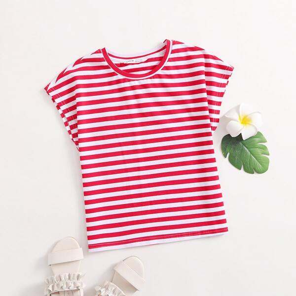 

Girls Batwing Sleeve Two Tone Striped Tee, Red and white
