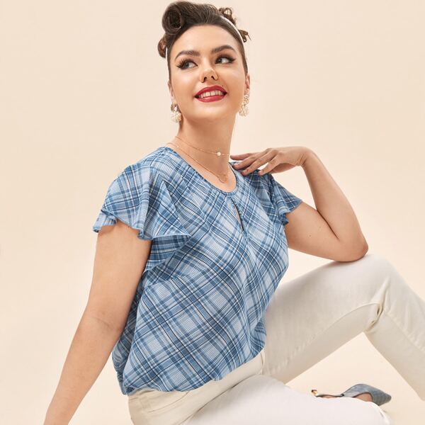 

Plus Keyhole Neckline Tartan Butterfly Sleeve Blouse, Blue and white